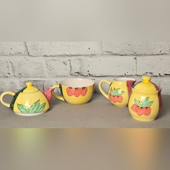 Country Inn Collection Strawberry Tea Set โ Ceramic Teapot, Sugar & Creamer 4pc - Picture 2 of 16